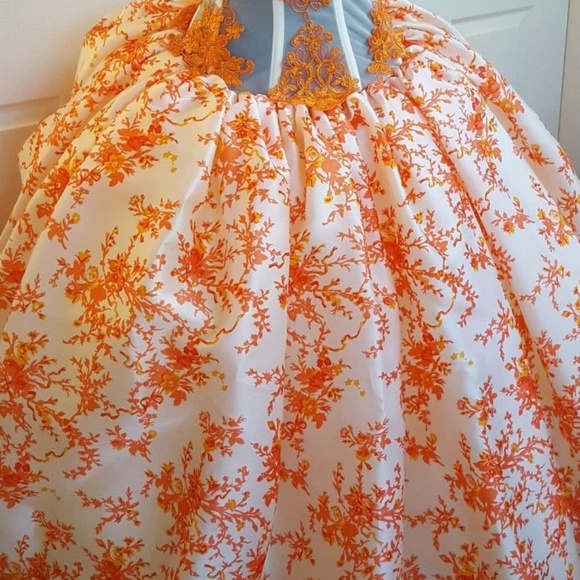 Ivory & Orange Silk Cherry Blossom Lace Ball Gown - Picture 6 of 8